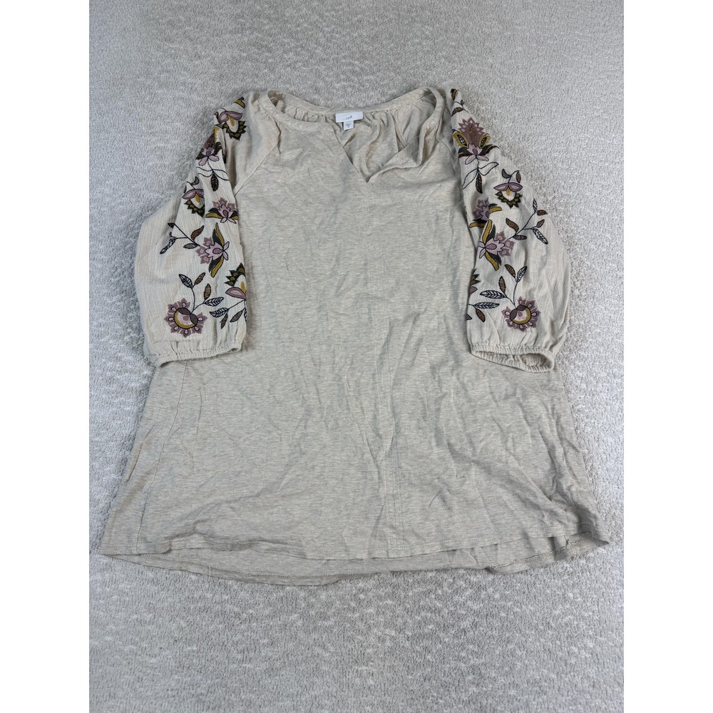 J. Jill Shirt Womens Medium Embroidered Floral Raglan 3/4 Sleeve Split Neck Boho